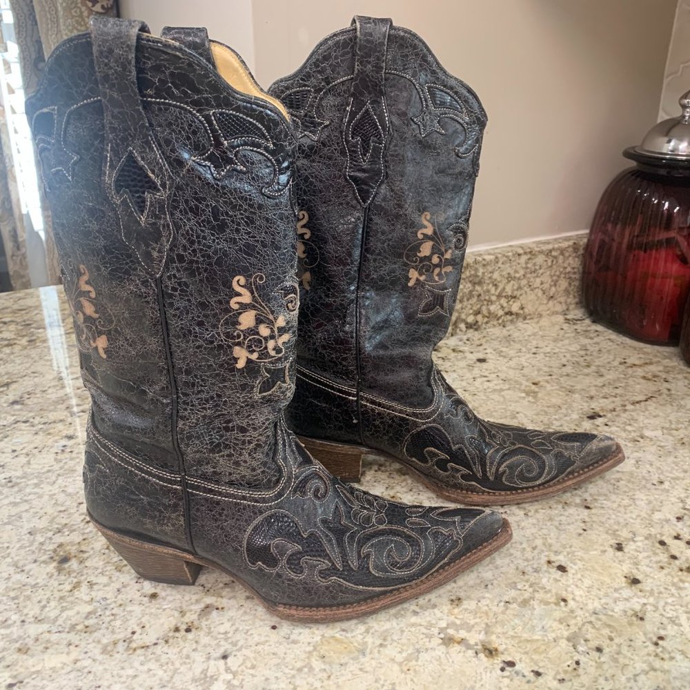 Corral Vintage Fancy Lizard Inlay Distressed Black Western Boots C2108 Size 9.5